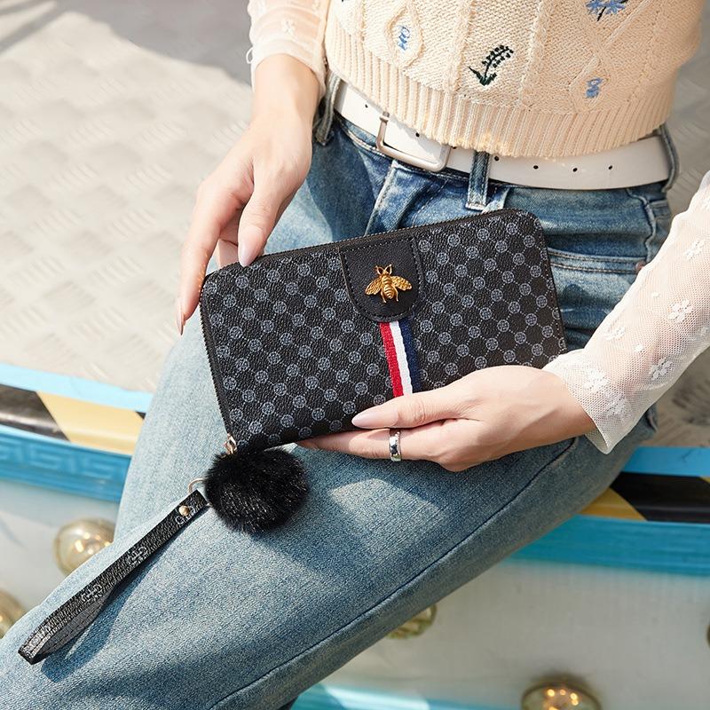 New Contrasting Color Women's Wallet Casual Printing Bee Label Change Bag Hairball Decoration Medium and Long Clutch Bag