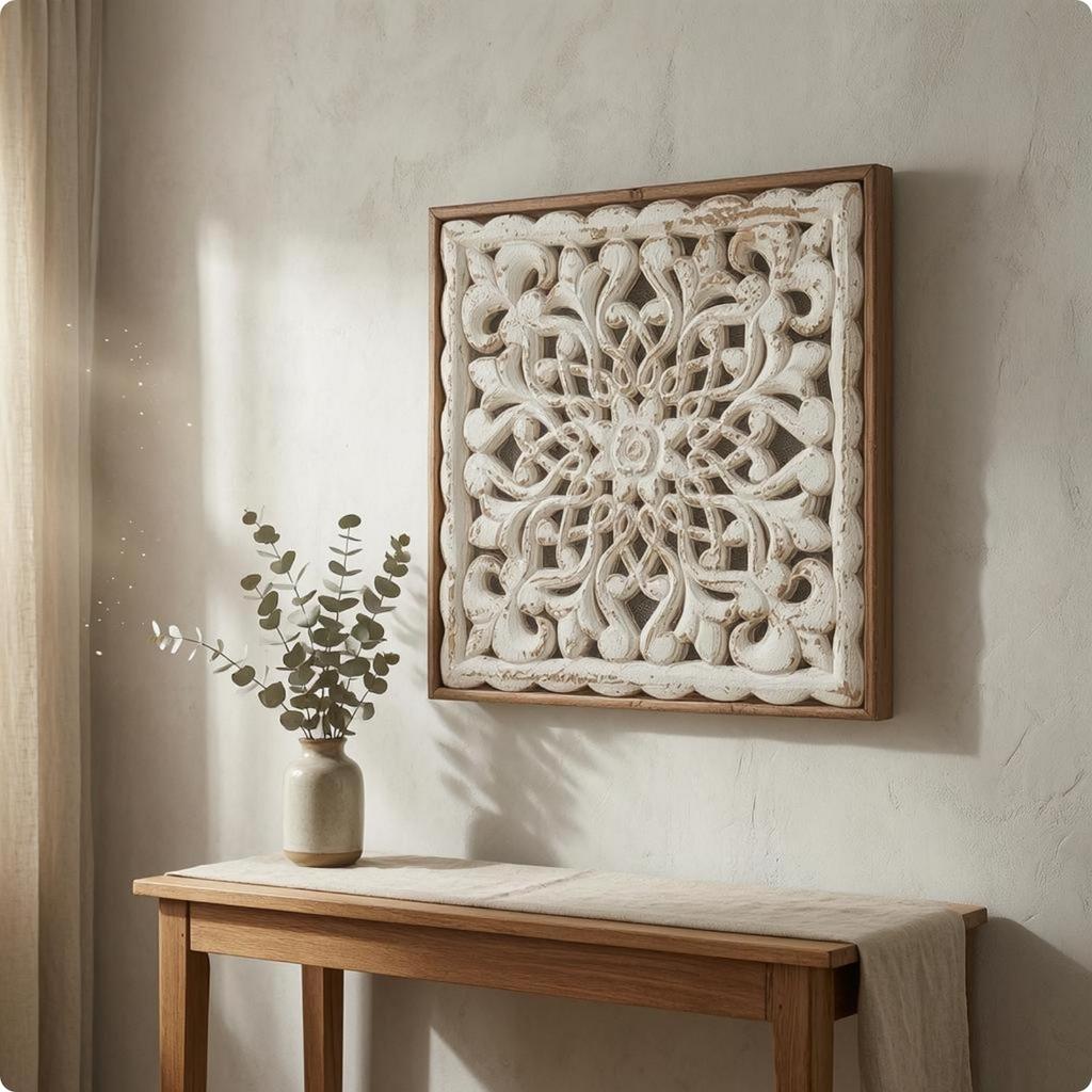 Arte da Parete Floreale Intagliata Pannello in Legno Sbiancato Traforato Decorazione per la Casa