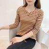 95 Cotton Long Sleeved Striped T-shirt Women's Fashion Spring Autumn New V-neck Bottoming Blouse