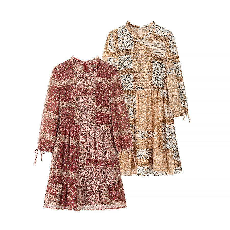 

2023 Summer Two-Tone Bowknot Cuff Patchwork Long Sleeve Dress Small вина червоного кольору