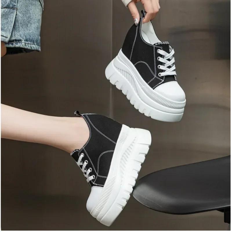 Fashion High Quality 12CM Denim Women Breathable Platform Hidden Heels Shoes Genuine Leather Chimney New Fashion Spring Chunky Sneaker