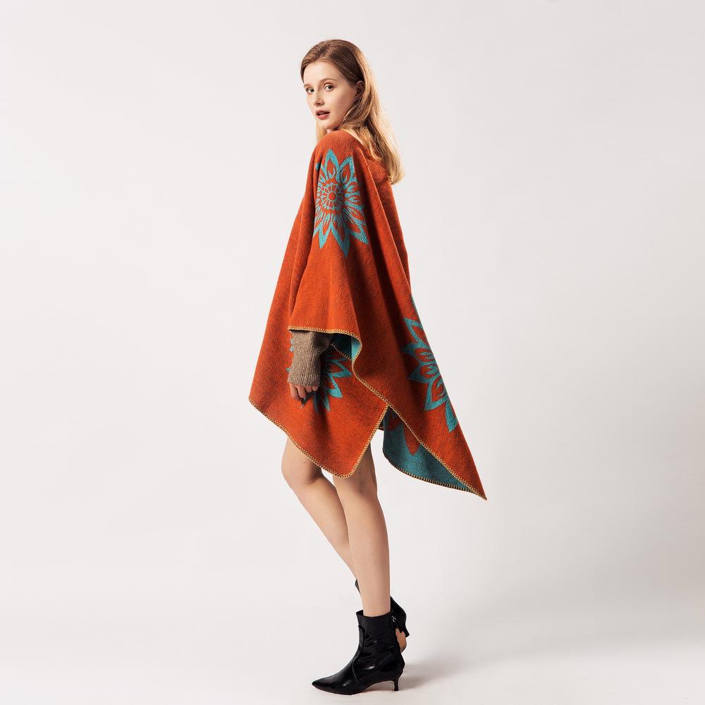 Women's Autumn Winter Extended Fashionable Scarf Shawl Dual-use Travel Warm Double-sided Imitation Cashmere Flower Cape