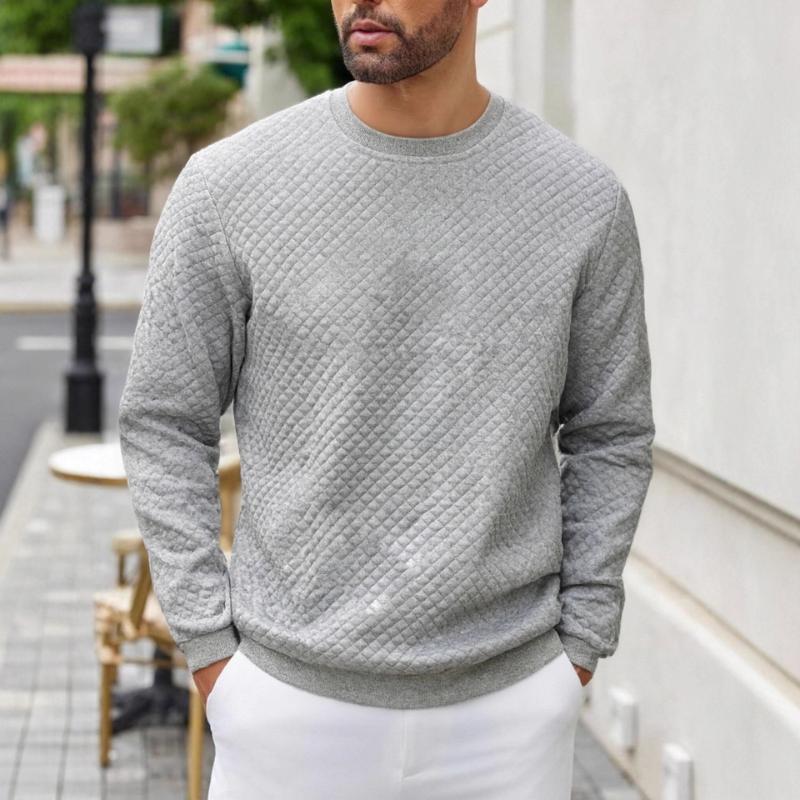 Men's Quilted Crew Neck Sweatshirt Casual Long Sleeve Textured Pullover For Daily Wear