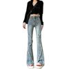 Women's High-Waisted Patchwork Flare Jeans - Retro American Style, Petite Fit, Raw Hem, Straight Leg Horseshoe Design
