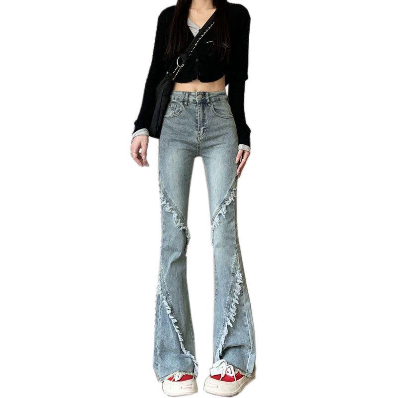Women's High-Waisted Patchwork Flare Jeans - Retro American Style, Petite Fit, Raw Hem, Straight Leg Horseshoe Design