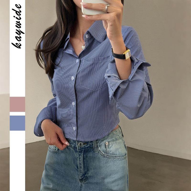 

Повседневная рубашка на пуговицах с длинным рукавом женская 2025 осень и зима новый стиль простая повседневная и универсальная S синий