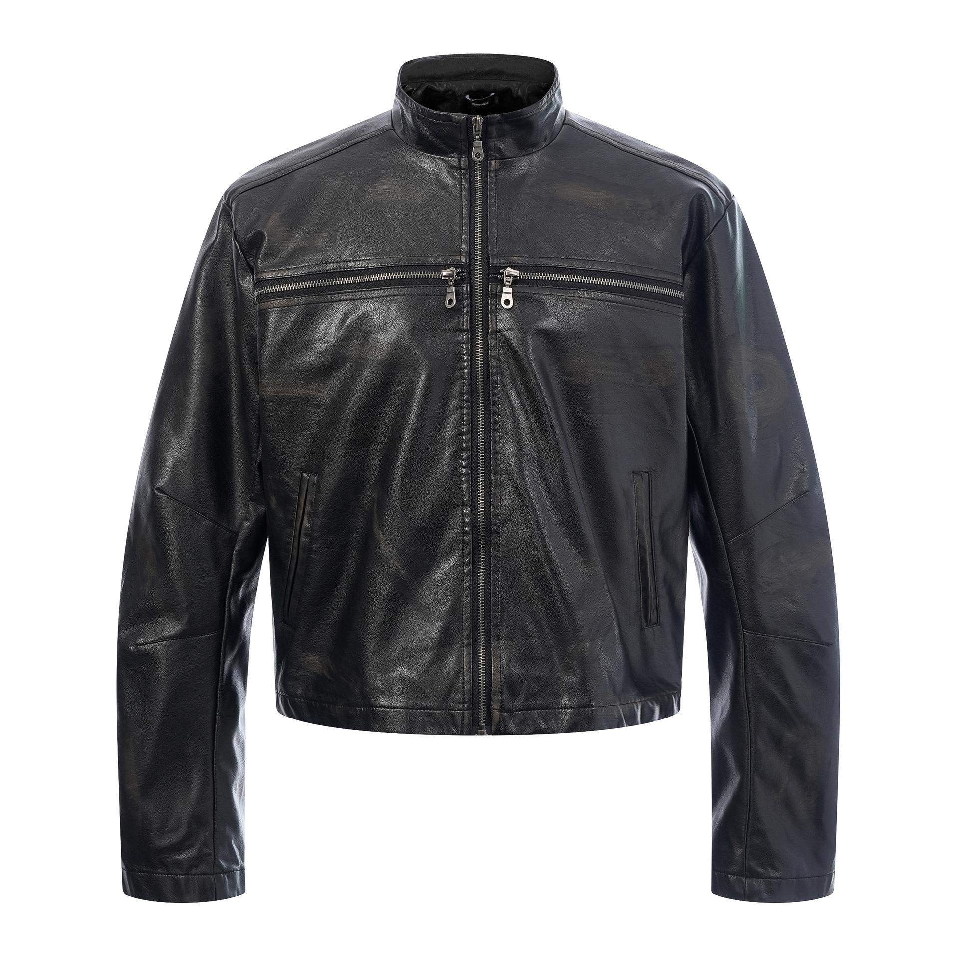 American street heavy industry rivets loose pu leather jacket locomotive jacket cross jacket men M