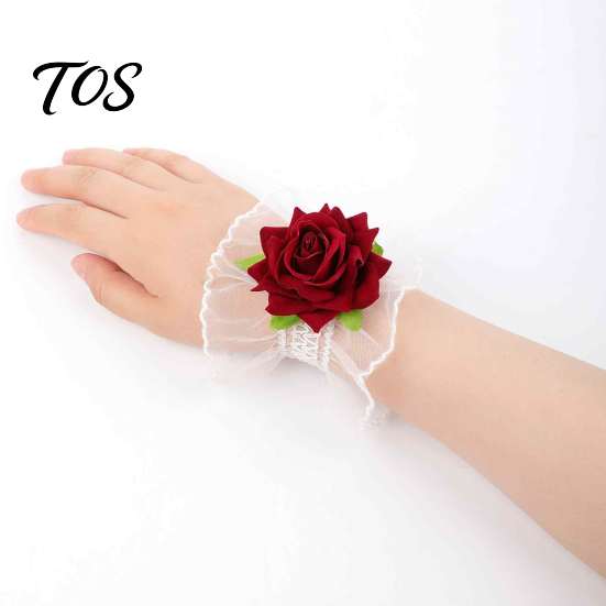 Elasticated Lace Hand Flowers Gothic Fingerless Glove, Elastic Short Sleeve, Wine Red Rose Bracelets Flower Wrist Cuff for Women Girls, Wedding,