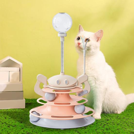 Drehteller Katzenspielzeug 3-stöckige Rollbahn Katzenturm Spielzeug mit Feder und Bällen Interaktiver Katzen-Puzzle-Futterautomat für Wohnungskatzen