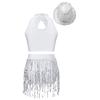 Girls Sleeveless Mock Neck Hollow Front Keyhole Back Sequin Patchwork Crop Top Sequins Tassel Briefs Hat