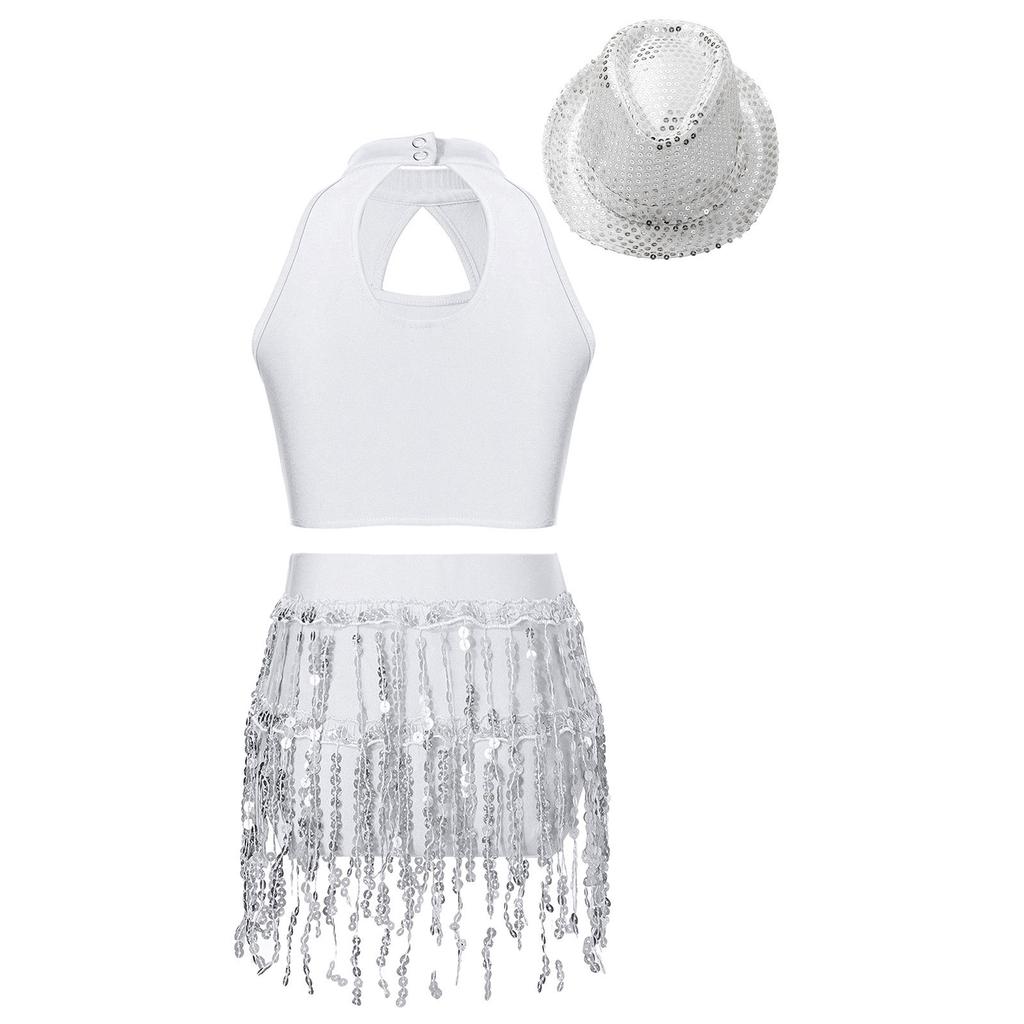 Girls Sleeveless Mock Neck Hollow Front Keyhole Back Sequin Patchwork Crop Top Sequins Tassel Briefs Hat