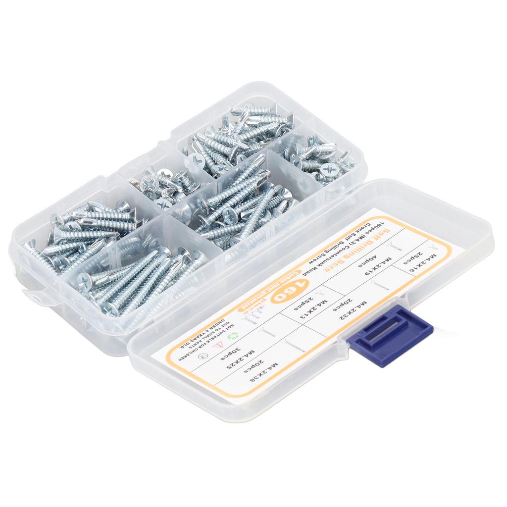 160Pcs Self Drilling Screws Carbon Steel Blue Zinc Plated Countersunk Cross Head Fastener M4.2 for
