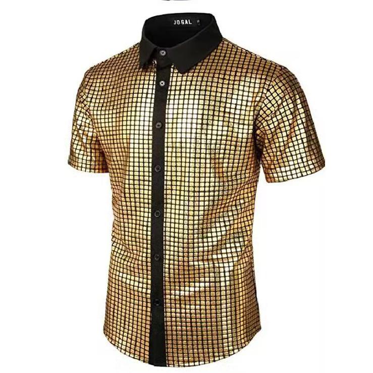 2025 Men'S Formal Dress Shirt Sequin Button Up Shirt Cosplay Costume Lapel Shiny T-Shirt Shirt