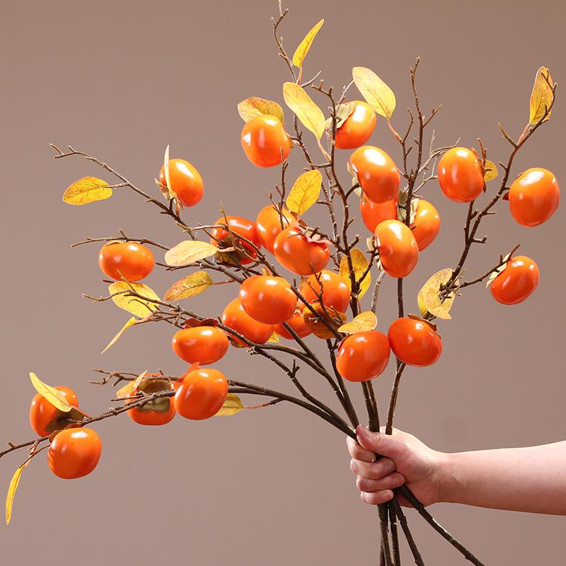 Artificial Pomegranate and Persimmon Fruit Flower Branch for Living Room or Entryway Decor