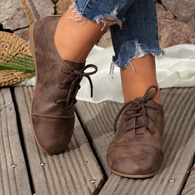 Large Size Women's Flats 2026 Spring Autumn Vintage Lace Up Fashion Single Shoes Lightweight Comfortable Soft Sole Casual Shoes