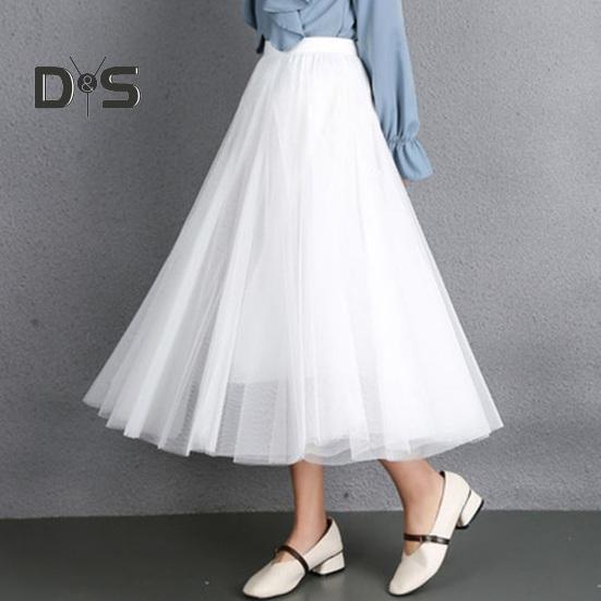 Women Midi Skirt Elastic High Waist Long Skirt with Solid Mesh Hem Solid Color A-Line Skirt Daily Wear