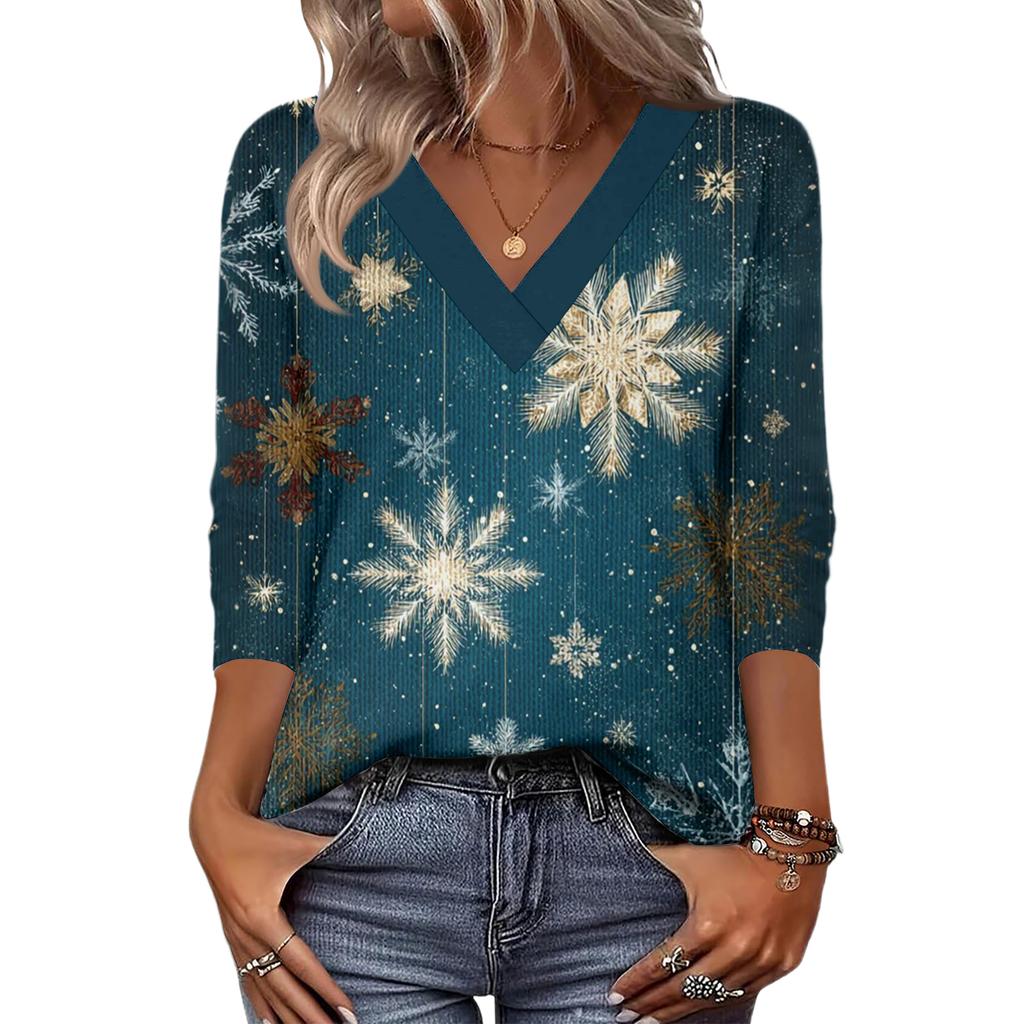 Women's Loose Comfortable Casual Fashion V-Neck Christmas Print 3/4 Sleeve Top