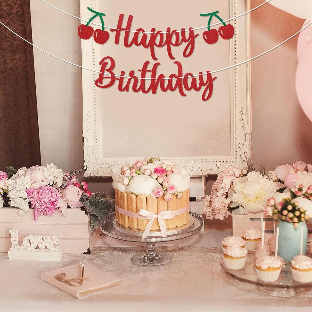 Cherry Birthday Banner - Funny Fruit Theme Happy Birthday Sign, Cherry 1st Bday Bridal Shower Banner, Cherry Theme Birthday Party Decorations Red