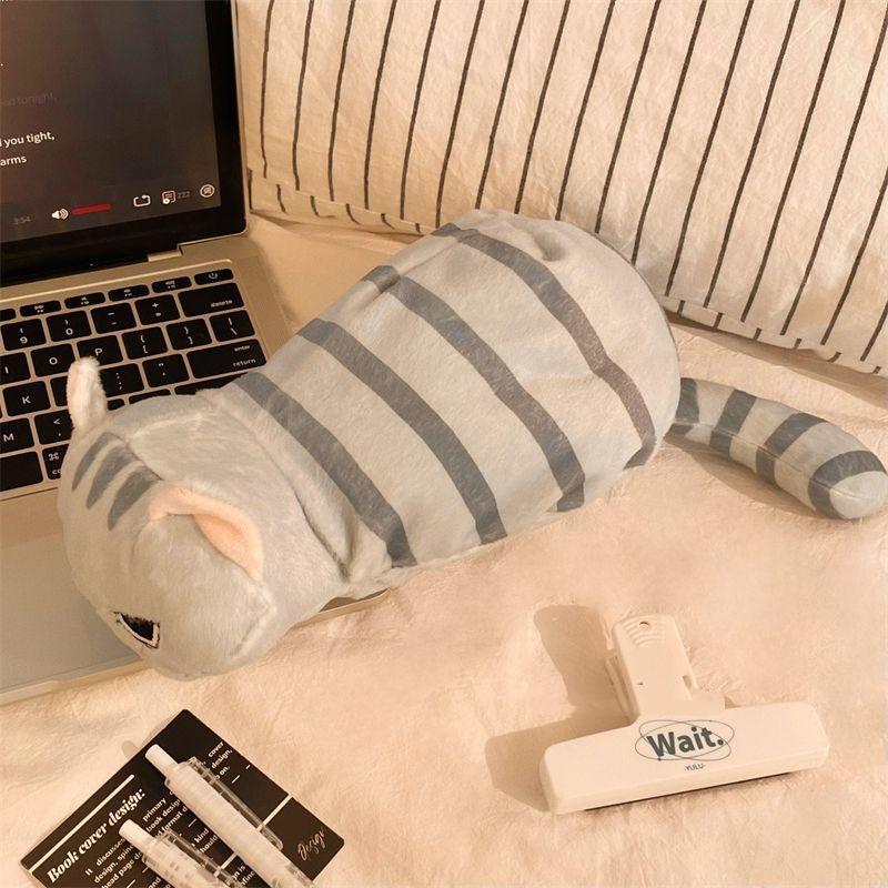 Kawaii Plush Pencil Case Gray Cat Style Large Capacity Bag Soft Makeup Holder for Students Office