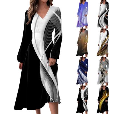 Women's Autumn And Winter Casual Fashion V-neck Long Sleeve Line Print Long Dress