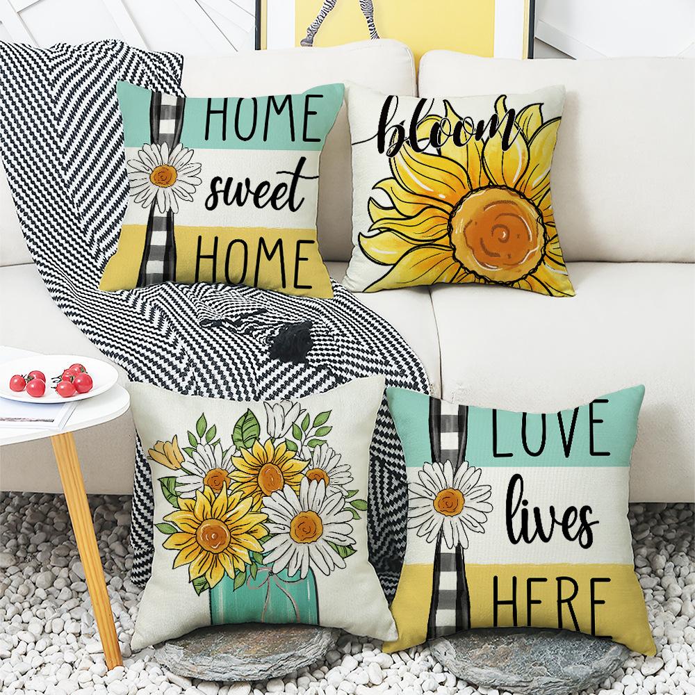 Sunflower Print Cushion Cover Pillow Cover Daisy Print Cushion Cover Linen Print Cushion Cover Living Room Print Cushion Cover