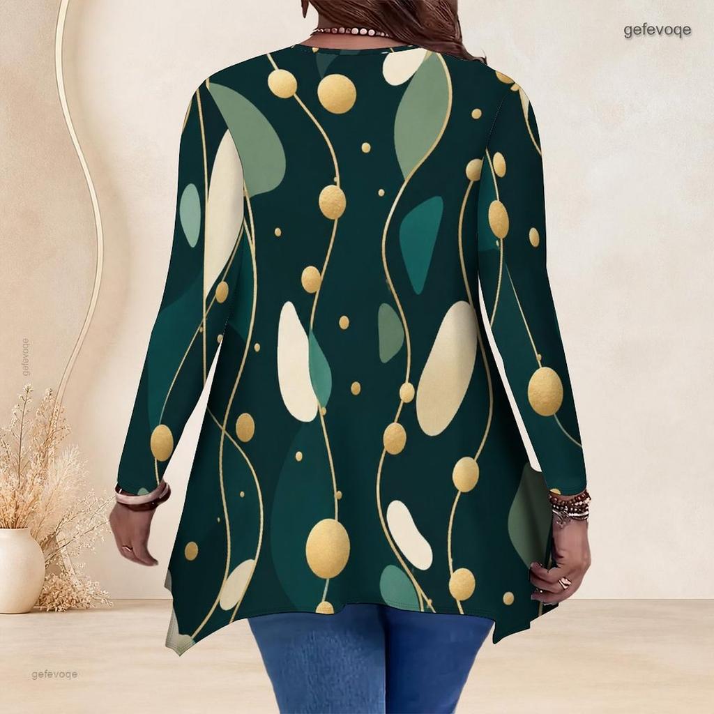 Women Plus Size V Neck Long Sleeve Irregular Split Hem Tunic Top Black Golden Swirl Print
