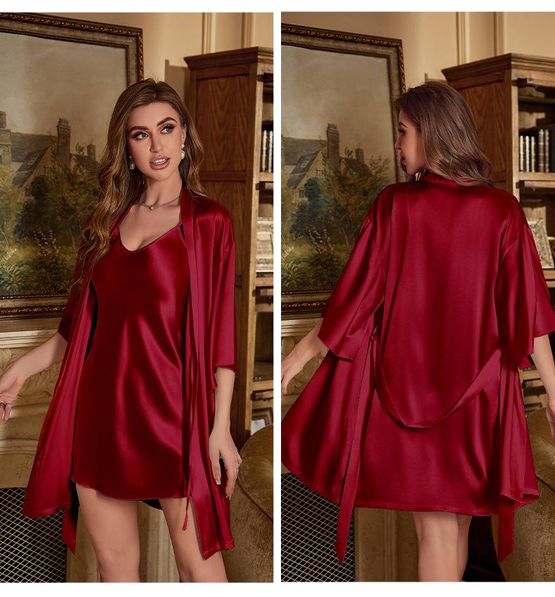 Женский летний пижамный комплект из сатина – Тонкий халат и майка, две вещи Small кирпич красный