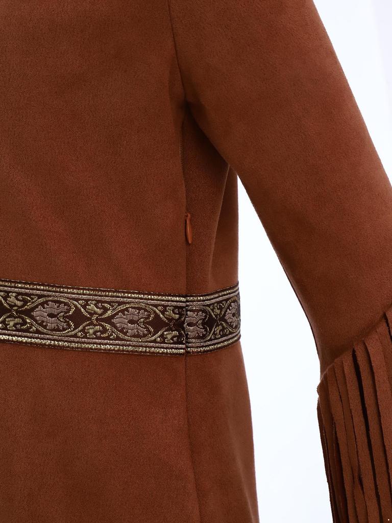 Girls Native American Cosplay Dress V Neck Long Fringed Sleeve Side Waist Zipper Back Cut Out Tassel Hem Dress