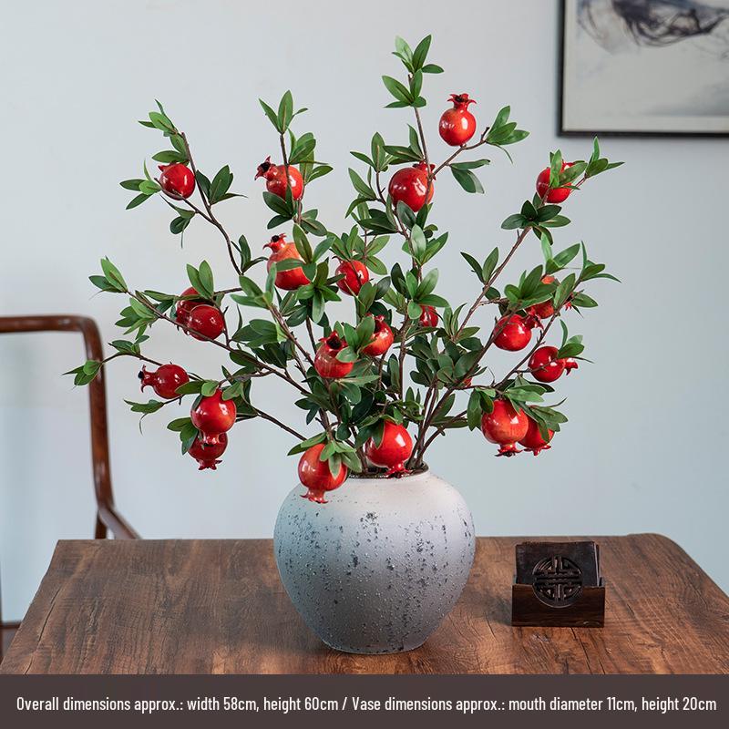 High-End Artificial Pomegranate Flower & Fruit Tree Branch Arrangement for Living Room or Dining Table Decor.