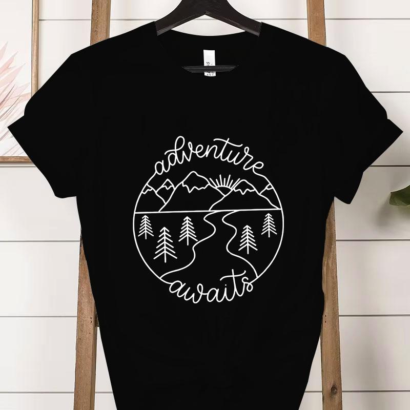 Adventure Awaits Outdoor Graphic T Shirts Women Mountain Nature Lover Gift Crew Neck Short Sleeve Tshirt Adventure Classic Tops