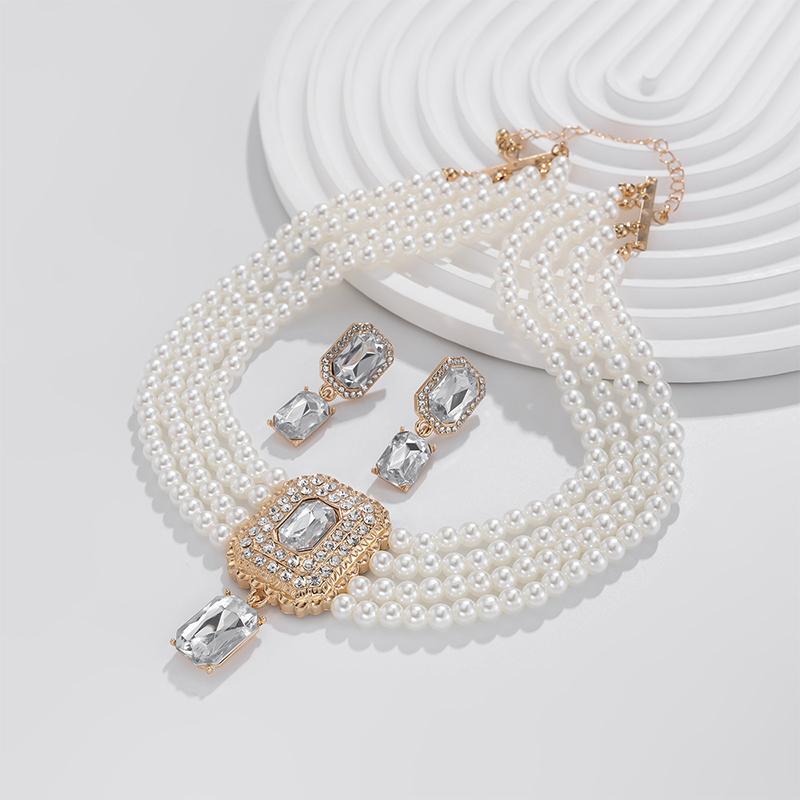 1Set Luxus Mehrschichtige Imitationsperlenkette Ohrringe Für Frauen Mädchen Temperament Schmuck Braut Strass Hochzeitsschmuck