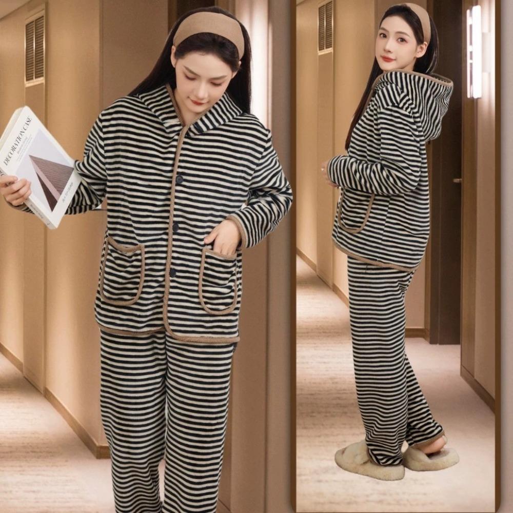 **Kadın Flanel Pijama Takımı Yuvarlak Yaka Jakarlı Uzun Peluş Kalın Sıcak Ev Giyimi**