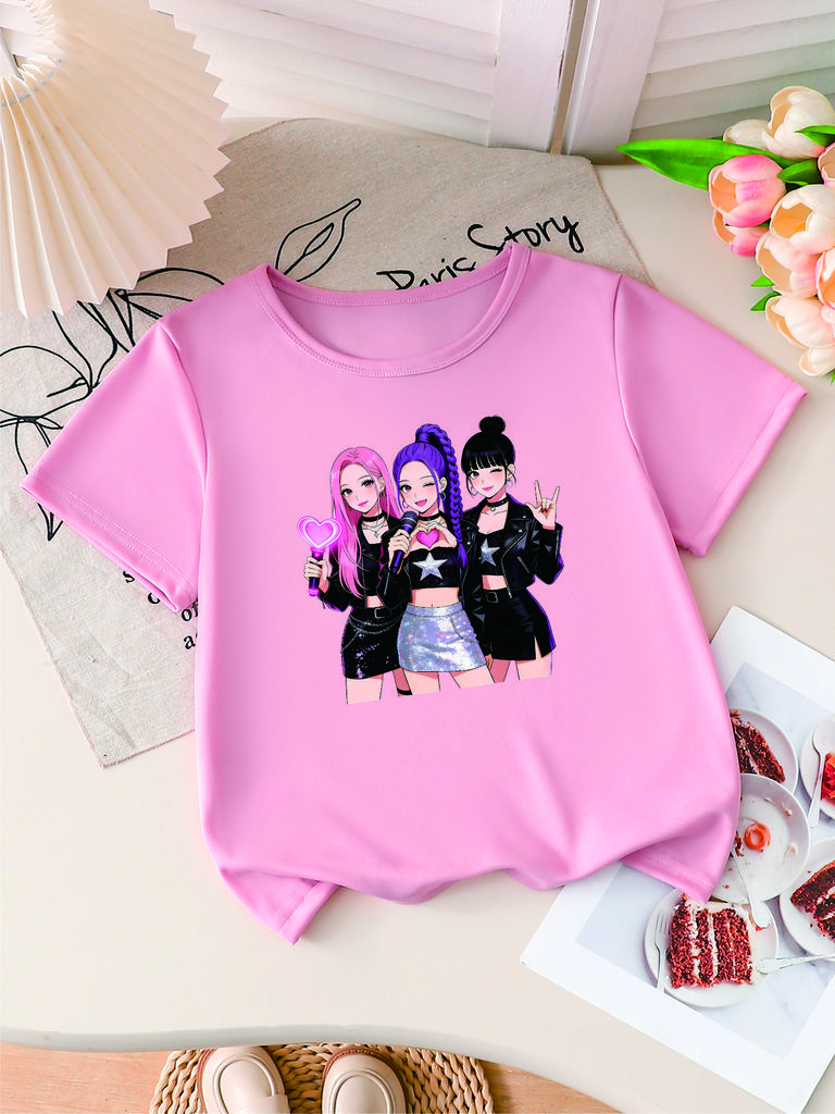 Girls K-POP Idol Group Print Short Sleeve T-Shirt Cute Concert Graphic Tee Kids Summer Casual Top