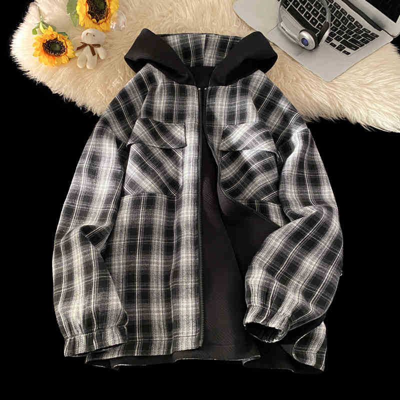 

Американская куртка мужская и женская одинаковая весенне-осенняя двусторонняя носка ретро клетка модный бренд повседневный кардиган куртка 5XL