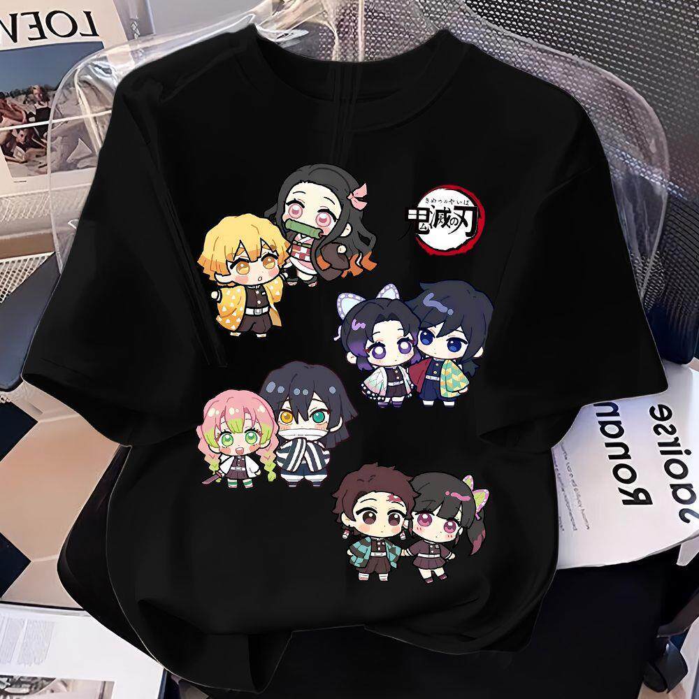 New Summer "Demon Slayer" Cartoon Print Pure Cotton Boys' and Girls' Round-neck Casual Short-sleeved Loose-fitting Shirt
