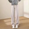 Oatmeal Herringbone Fleece Wide-Leg Pants for Women - Autumn/Winter Slim Fit
