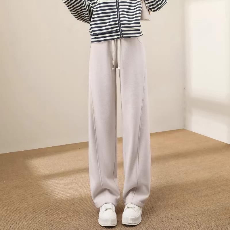 Oatmeal Herringbone Fleece Wide-Leg Pants for Women - Autumn/Winter Slim Fit