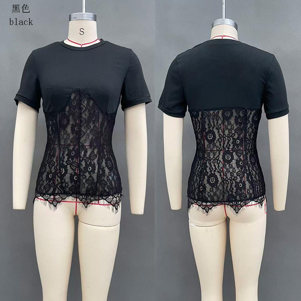 Новый летний женский сексуальный укороченный топ с круглым вырезом, прозрачной кружевной вставкой S чёрный