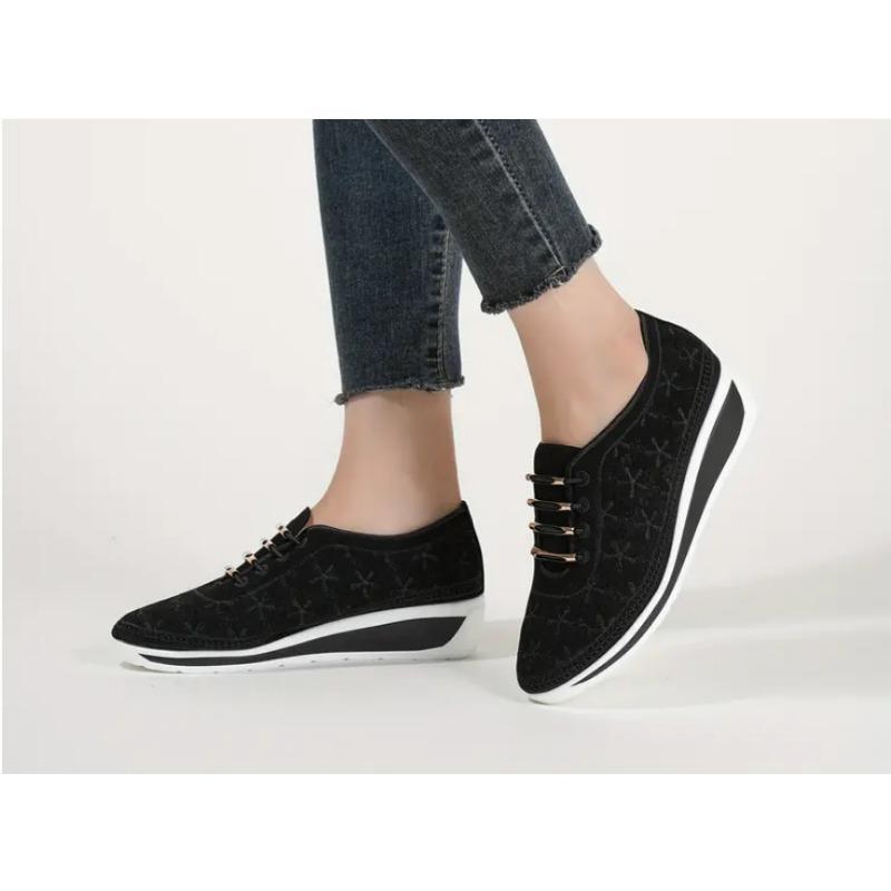 

New women s shoes spring comfortable single shoes women s slope heel hollow lace-up casual sports shoes 35 чёрный