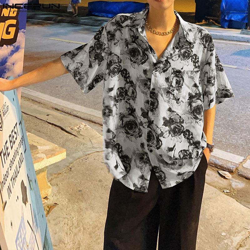 INCERUN Oversized Men Lapel Floral Printed Shirts Beach Holiday Tops