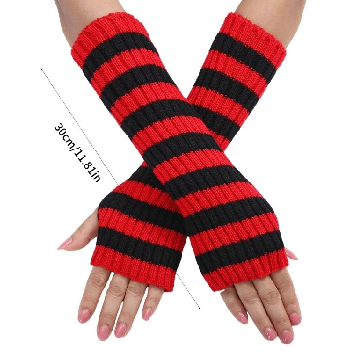Teenagers Winter Half Finger Mitten Stripe Pattern Knit Keep Warm Lengthen Wrist