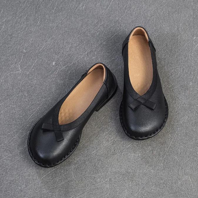 Johnature Echtes Leder Bequeme Schuhe mit niedrigem Absatz Retro Vielseitige Pumps Runde Spitze Damenschuhe