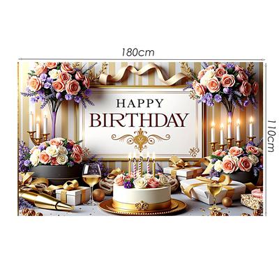 Happy Birthday Background Flower Champagne Gifts Cake Theme Banner Birthday Party Decoration Backdrop Bunting Flags Supplies