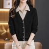 Women's Spring and Autumn Long Sleeve Lapel Fake Two-piece Sweater