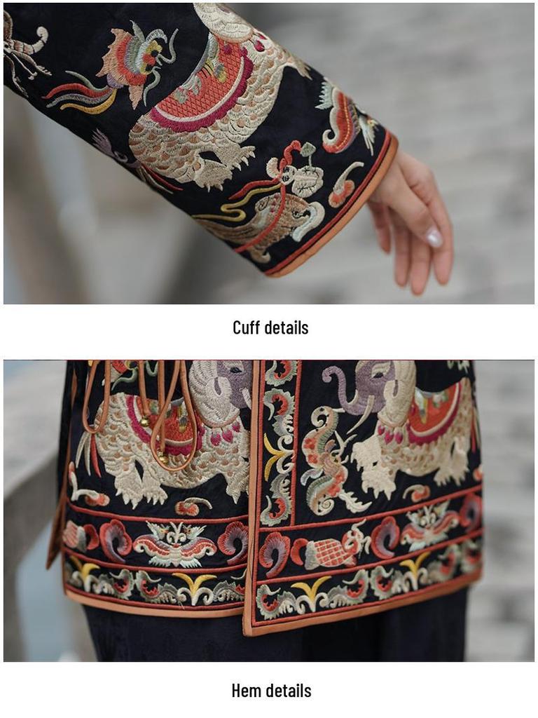 Etniczny płaszcz trenczowy damski z haftem: Luksusowa kurtka jesienno-zimowa inspirowana stylem chińskim