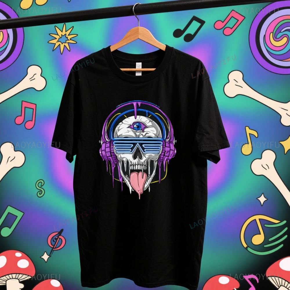 Summer Tops New Limited Psychedelic Skull Headphones Psytrance Techno Edm Festival High Quality Cotton TShirt Men Clothing