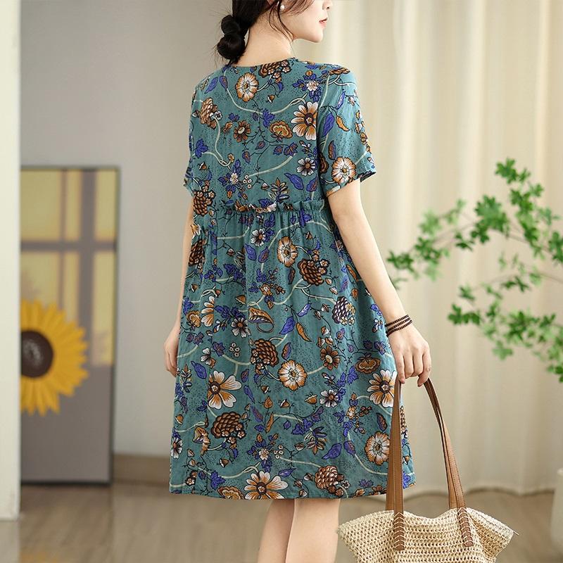 Kurzarm Plus Size Baumwolle Vintage Blumen Neu in Kleidern für Damen lässig locker Midi Sommerkleid