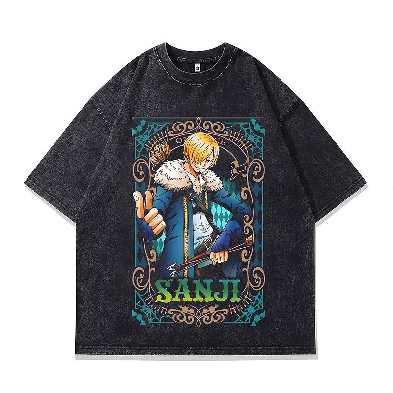 Heavy Cotton Japanese Cartoon Animation Direct Injection Printing Short-Sleeved T-Shirt Loose Washed Half-Sleeved T-Shirt Men