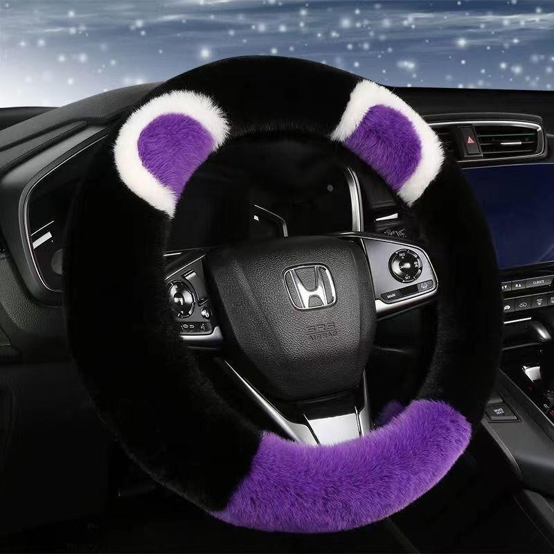 

New Autumn and Winter Long Plush Car Steering Wheel Cover, Non-Slip, Warm, Non-Shedding, Unisex, Suitable for Electric Vehicle Handlebars Cartoon Plush Black-Purple Round