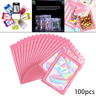100 Pieces Pouch Bags Clear Window Holographic Packaging for Dried Fruits Cookie Gloss